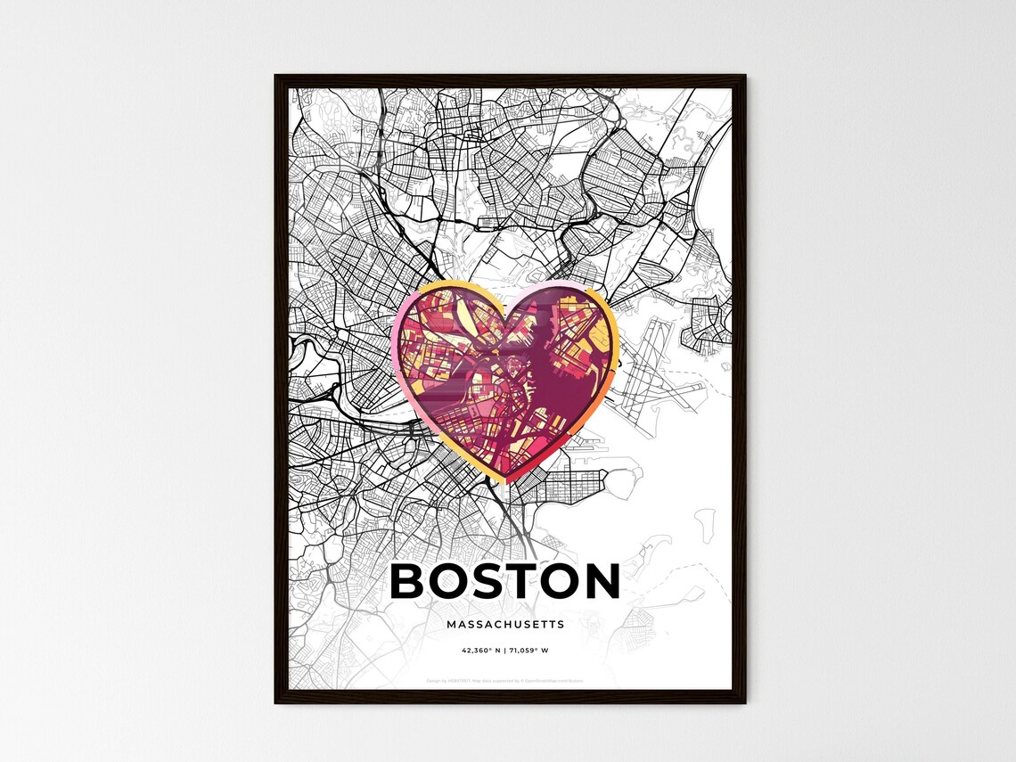Boston Massachusetts Minimal Map Art With Colorful Heart Icon Poster