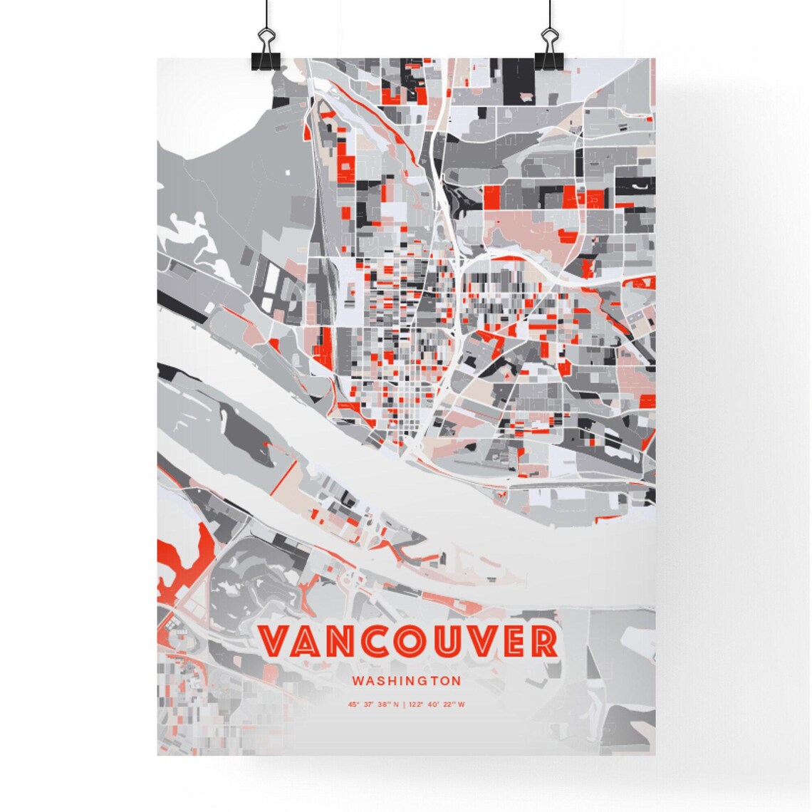 Vancouver Washington City Map Art Modern Red Gray Coordinate Poster - Image 3