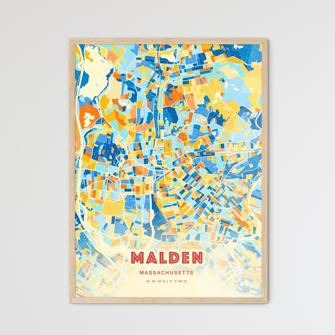 Malden Massachusetts Colorful Blue and Orange Retro City Street Map Wall Art - Image 3