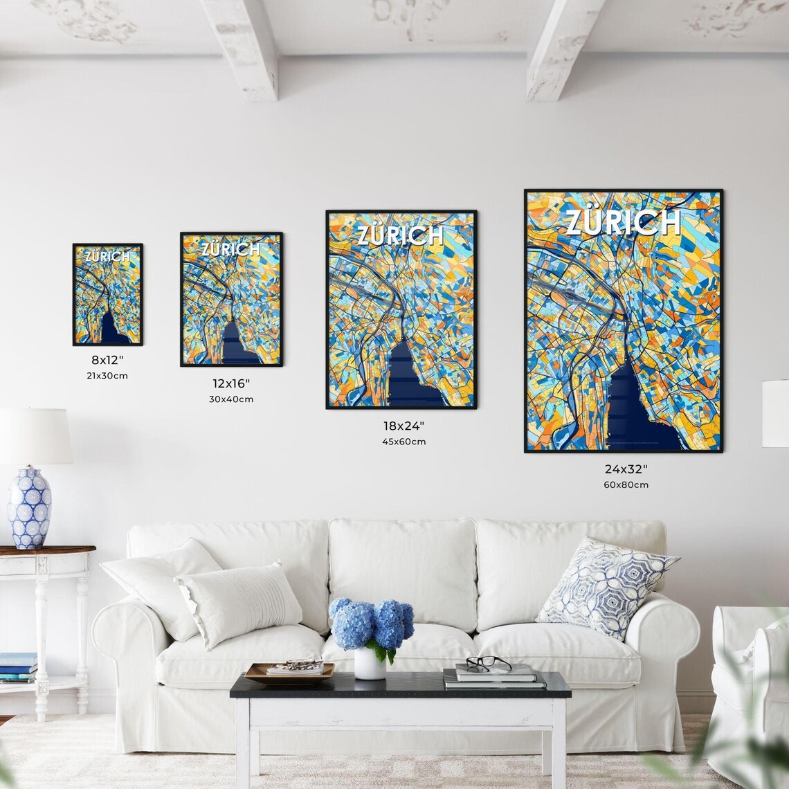 Zürich Switzerland Vibrant Geometric City Map Art Poster in Blue and Orange - Image 3