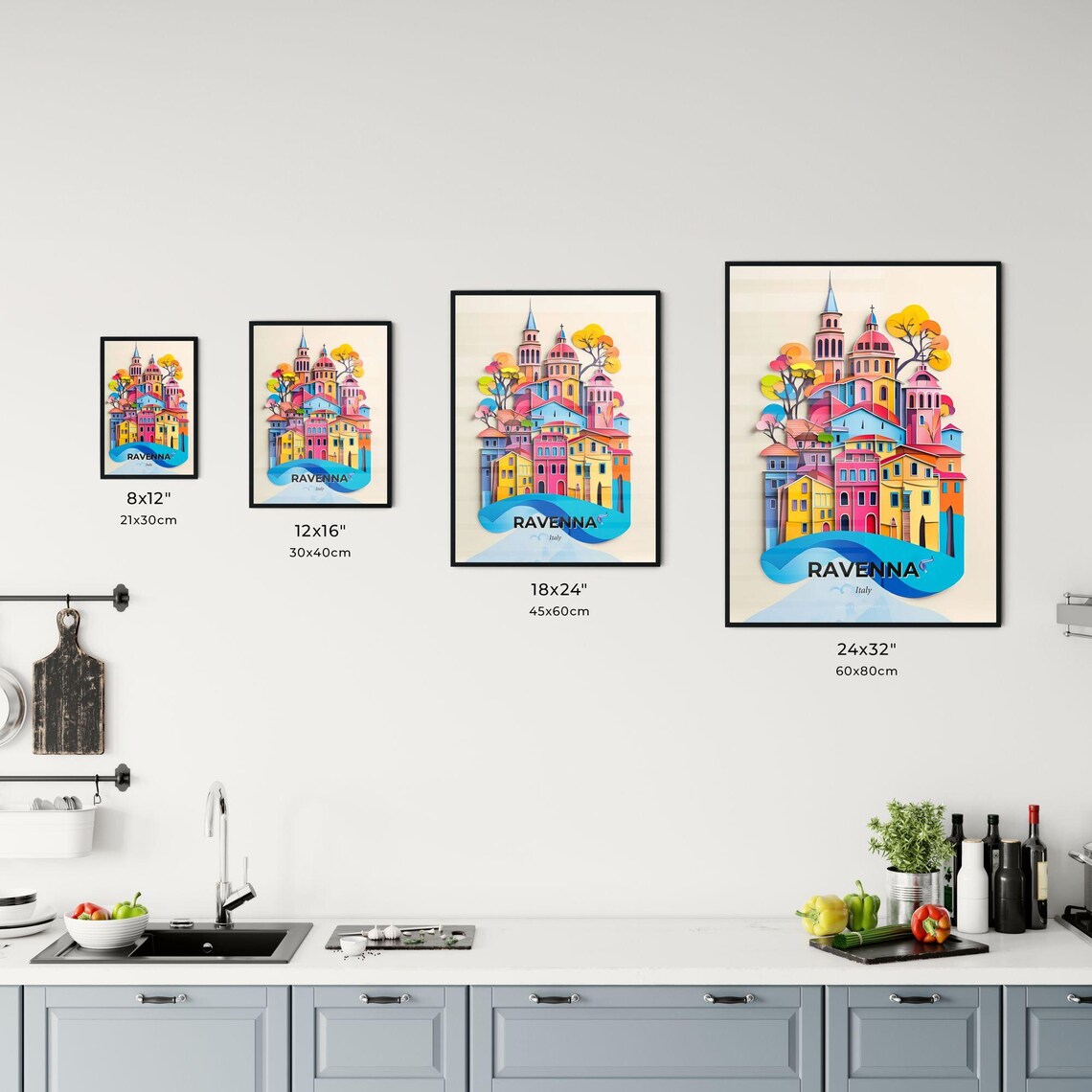 Ravenna Italy Vivid Colorful Old Town Blue Wave Paper Cut Poster - Image 3