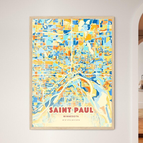 Saint Paul Minnesota Vibrant Blue and Orange City Map Art Poster