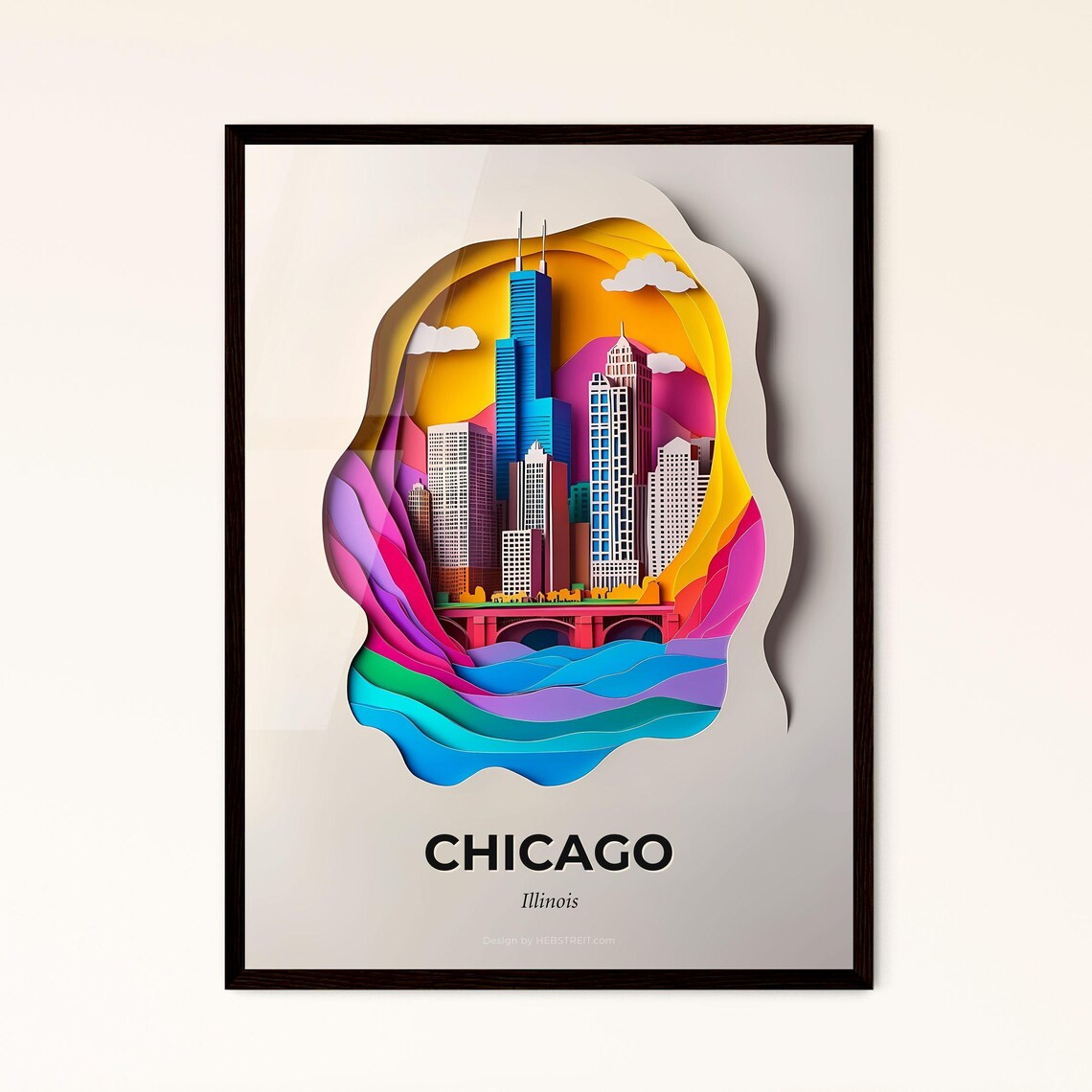 Chicago Illinois Skyline Bridge Paper Cut City Travel Poster