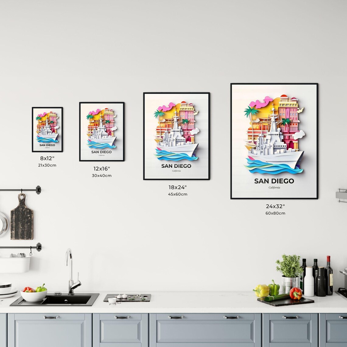 Vivid San Diego California Harbor Ship Papercut Travel Poster - Image 3