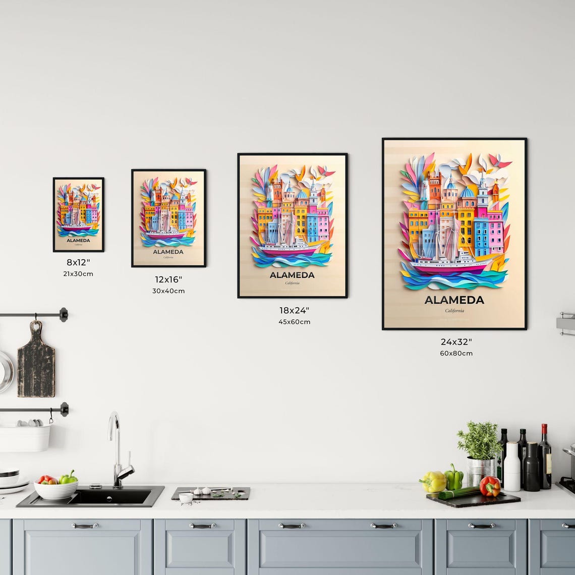 Alameda California Harbor Ship Colorful Paper Cut Art Poster - Image 3