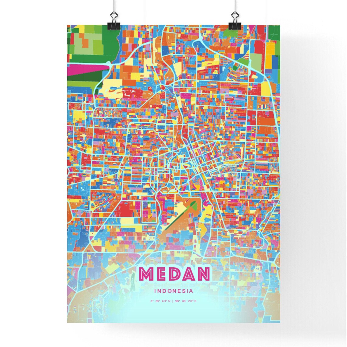 Medan Indonesia Vibrant Crazy Colorful Mosaic City Map Poster - Image 3