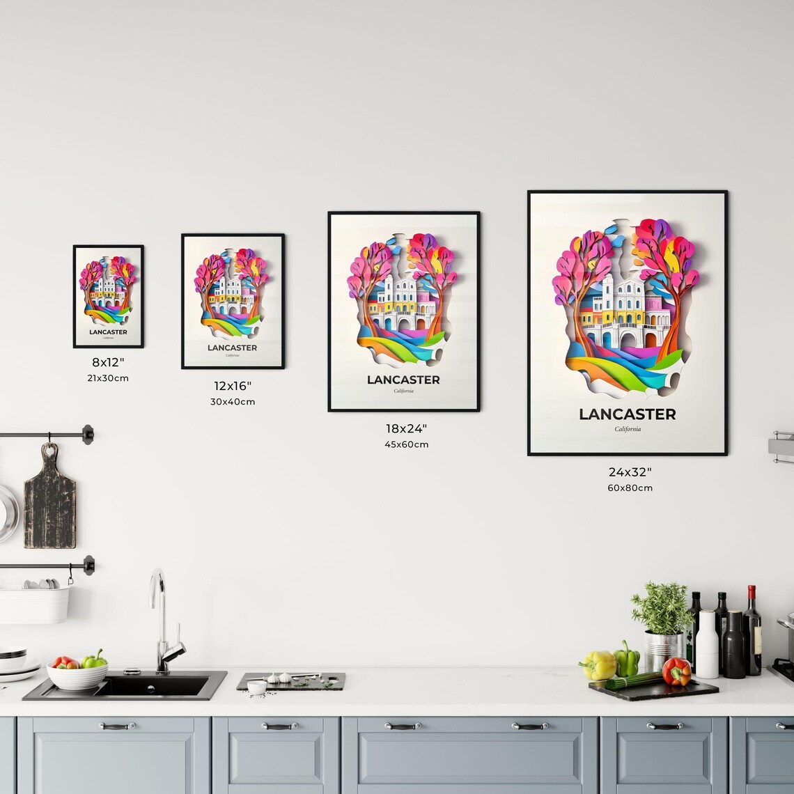 Lancaster California Colorful Paper Cut Mission Building Travel Poster - Image 3