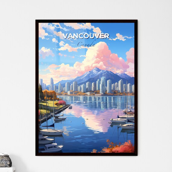 Vancouver Canada Harbor Skyline Mountain Sailboat Pink Cloud Travel Poster