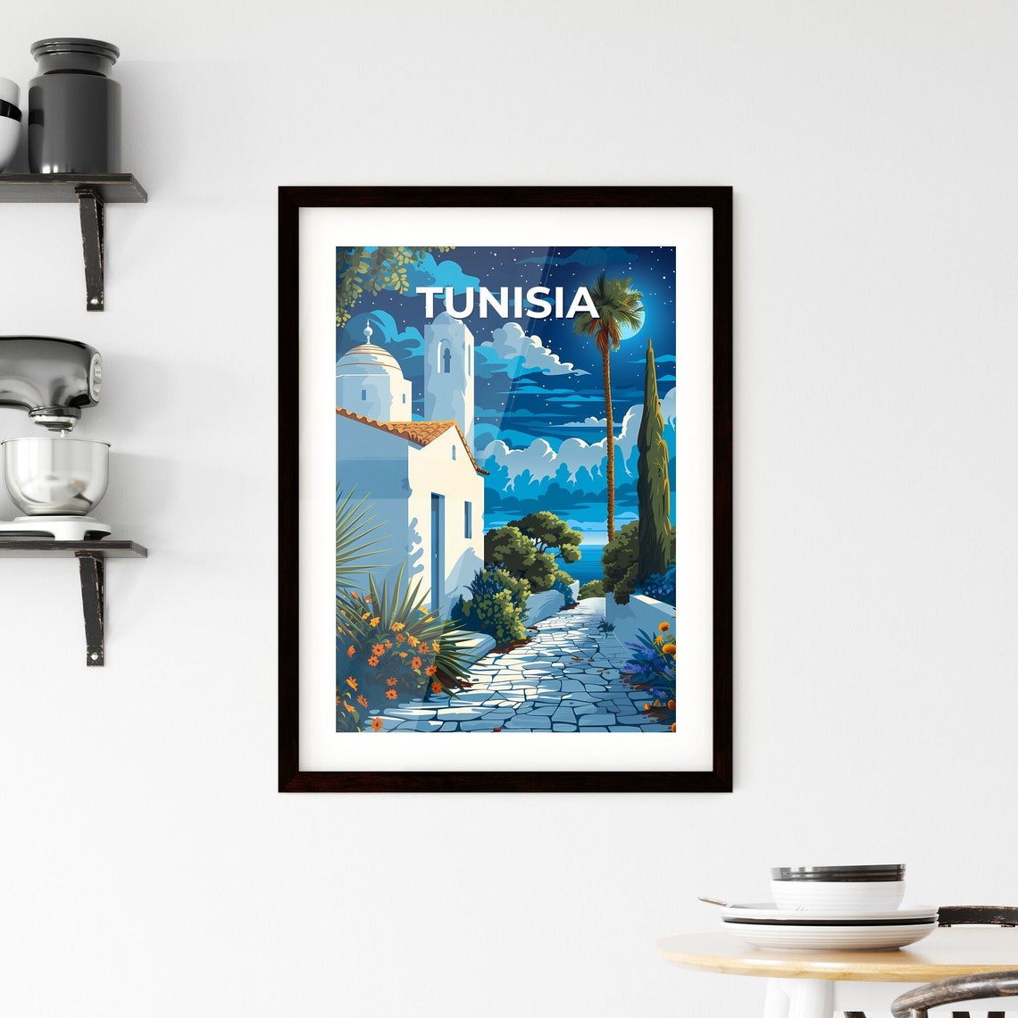 Tunisia Stone Path Night Village Vintage Mediterranean Travel Poster - Image 2