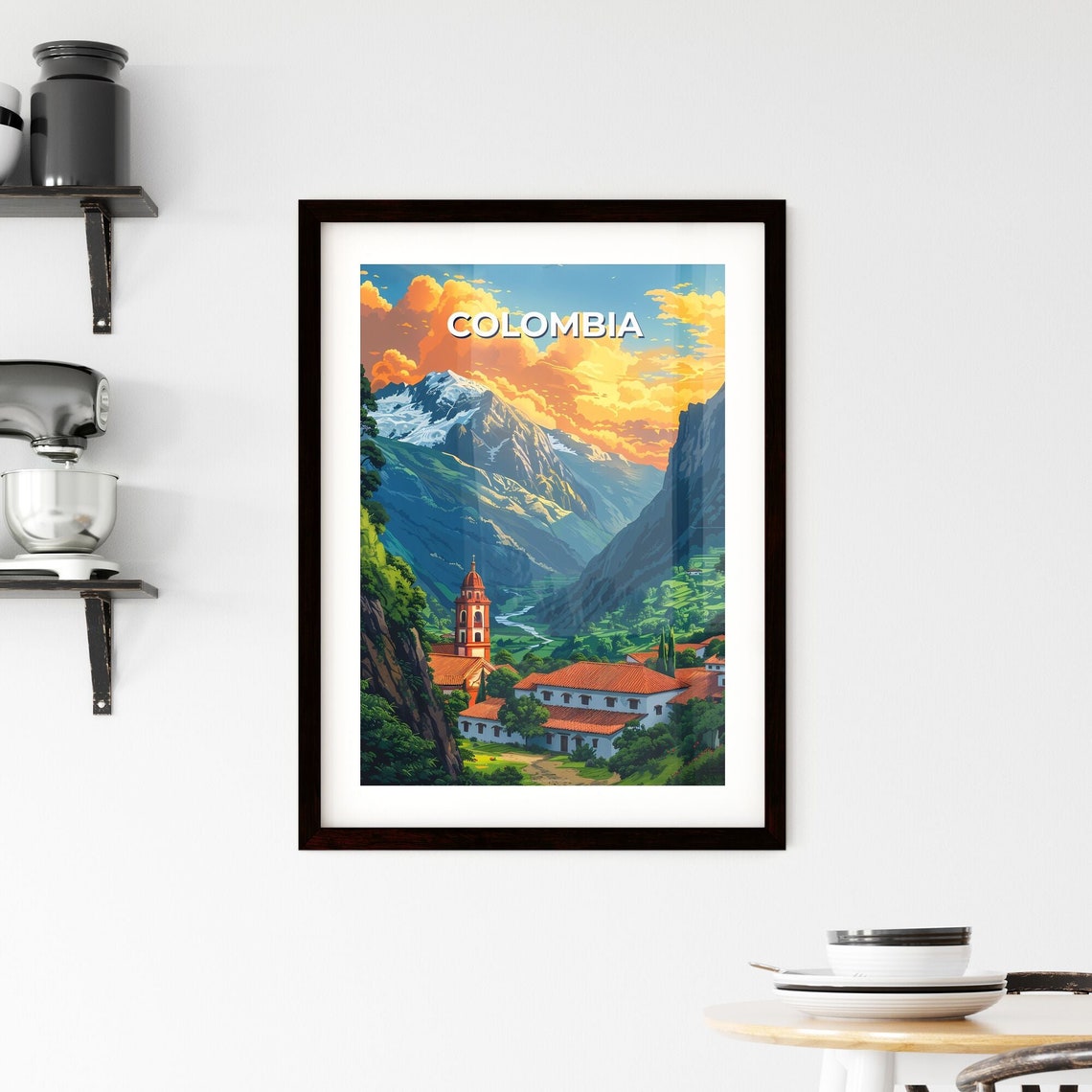 Painting Showcasing Mountainous Colombia Landscape Featuring A Building And Foliage Travel Destinations Customizable - Image 2