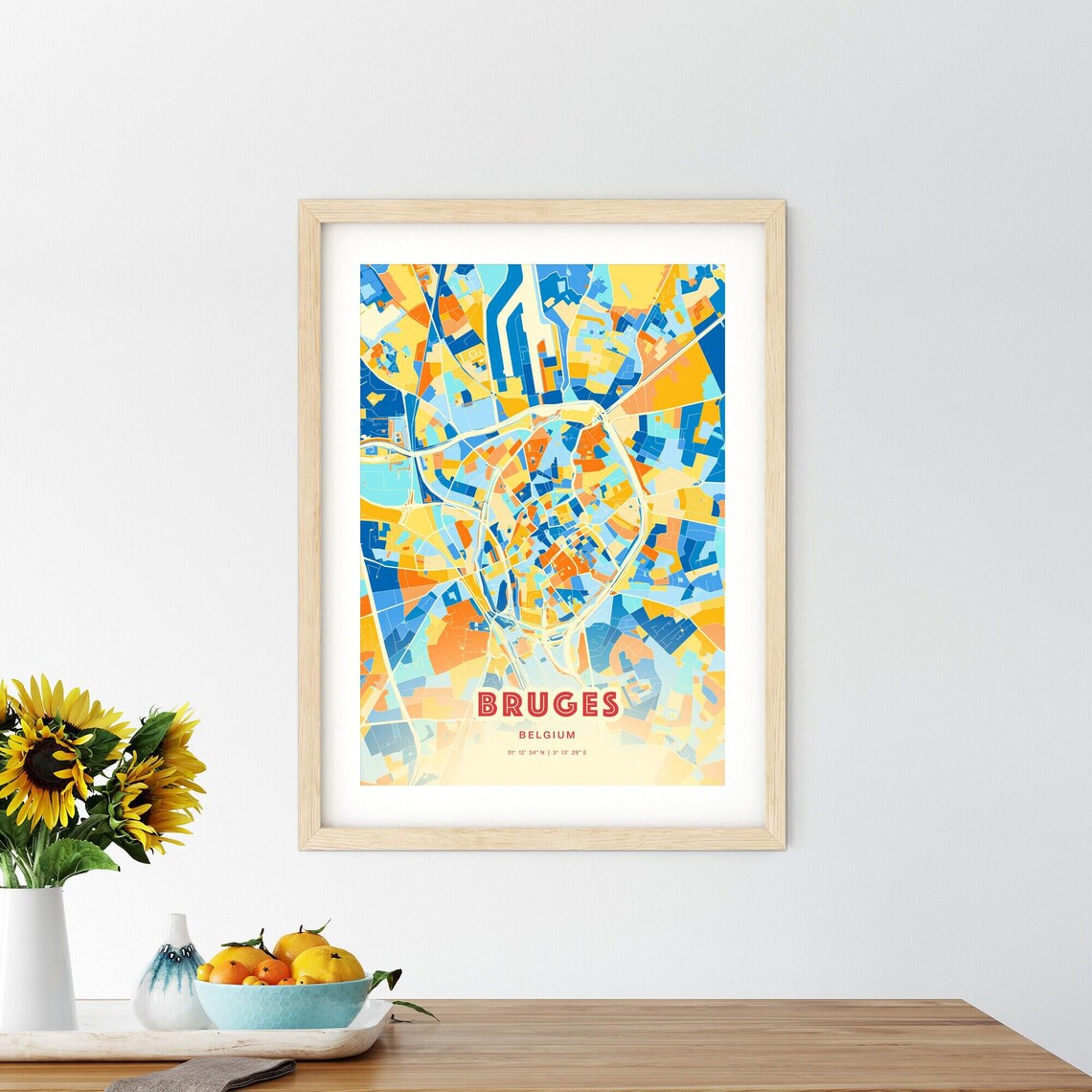 Bruges Belgium Bold Blue Orange Abstract City Street Map Art Poster - Image 2