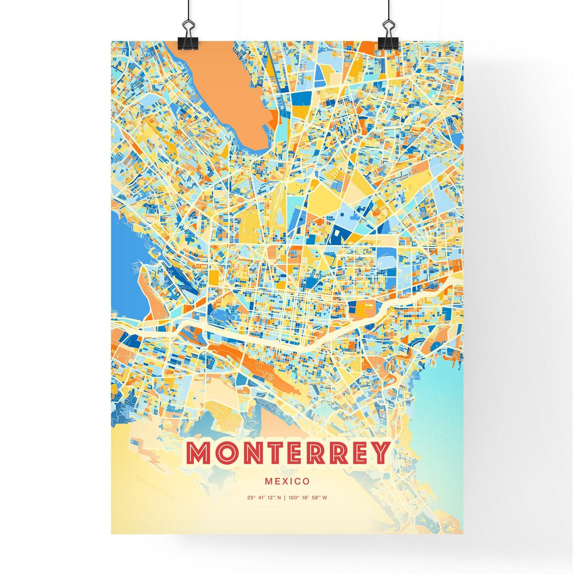 Monterrey Mexico Modern Geometric Blue Orange City Map Art Poster - Image 3