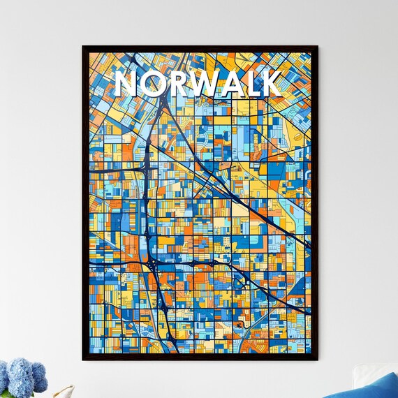 Norwalk California Vibrant Blue Orange Mosaic City Street Map Poster