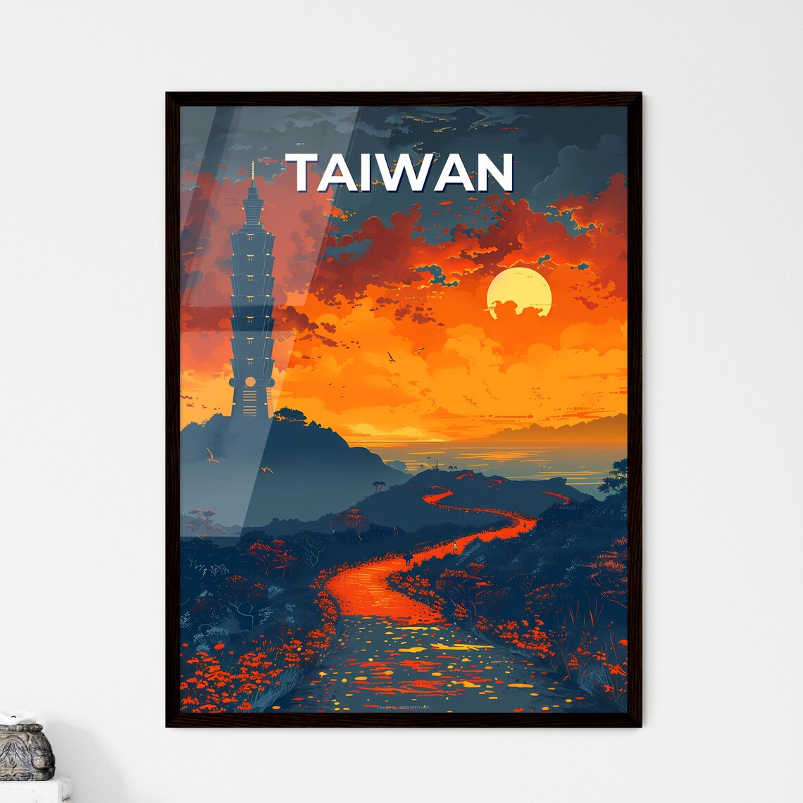 Taiwan Taipei 101 Tower Sunset River Fiery Sky Vintage Travel Poster
