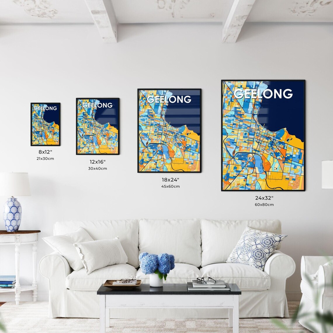 Geelong Australia Stylish Vibrant Blue and Orange Mosaic City Map Poster - Image 3