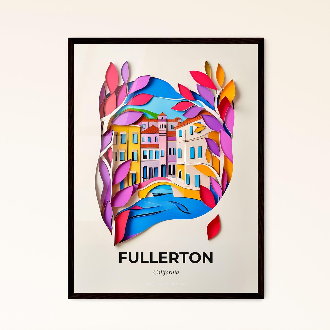 Fullerton California Colorful Paper Cut Riverside Buildings Poster