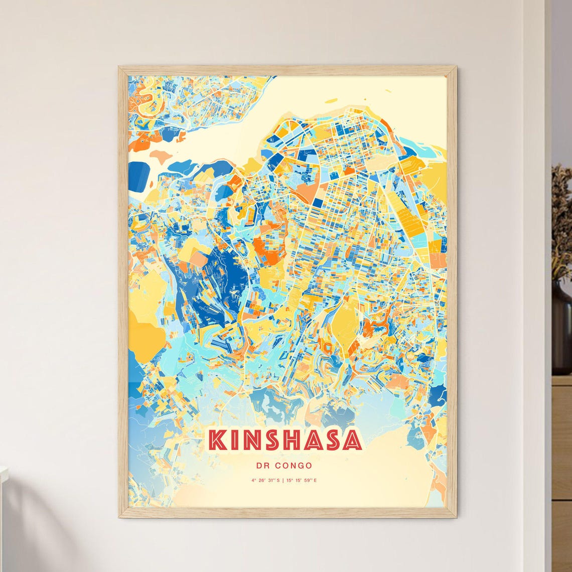 Kinshasa DR Congo Blue Orange Vibrant Abstract City Map Art Poster