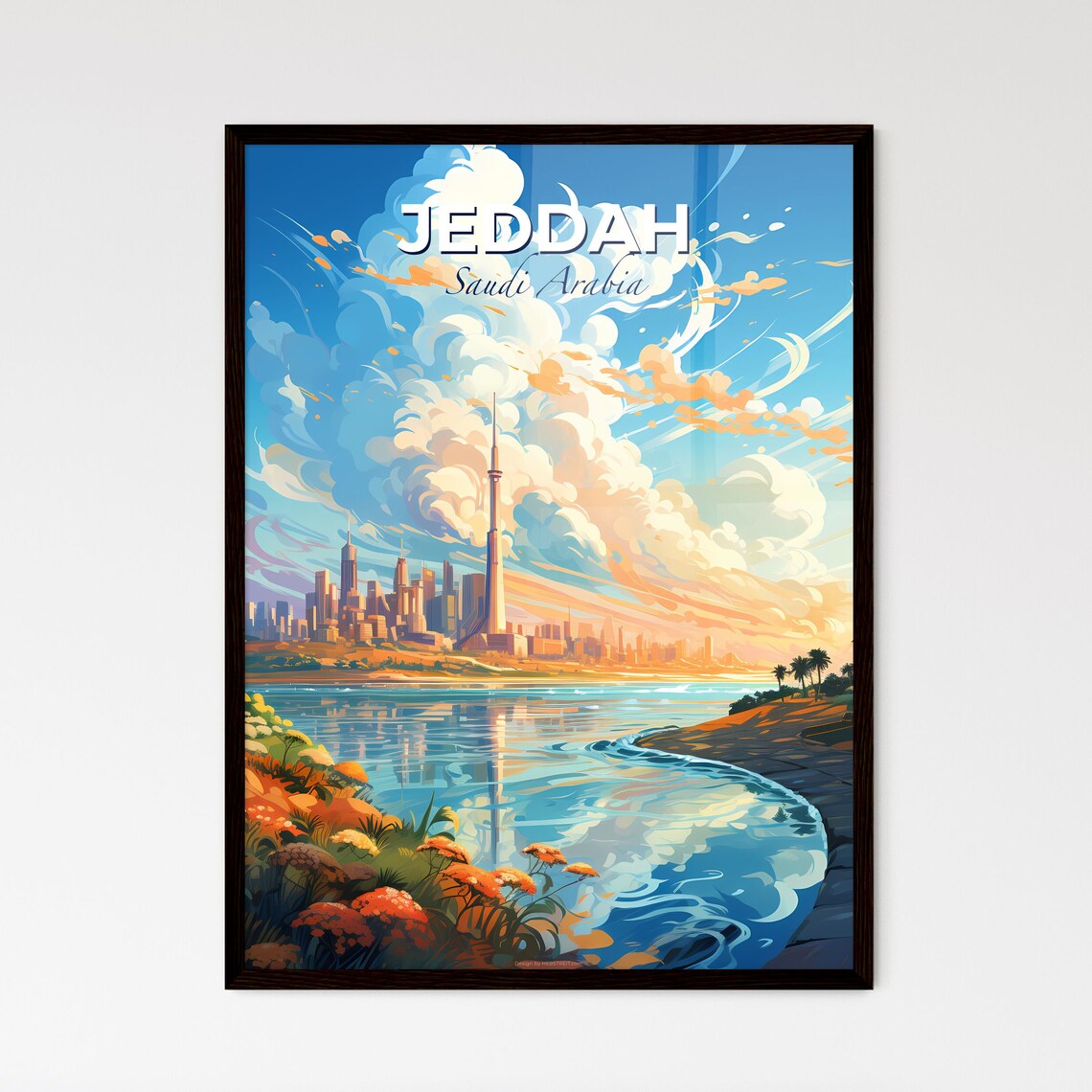 Jeddah Saudi Arabia Travel Poster Waterfront Skyline Tower Sunset Illustration