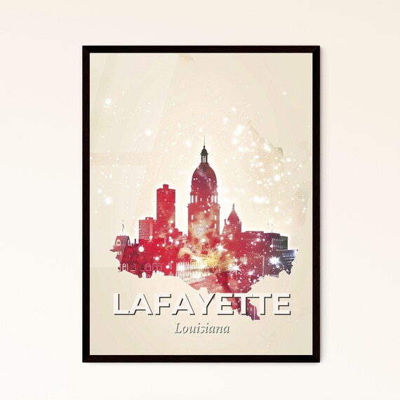 Lafayette Louisiana Red Watercolor Skyline State Silhouette Art Poster