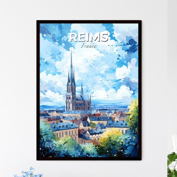 Reims France Travel Poster Gothic Cathedral City Skyline Blue Sky Art