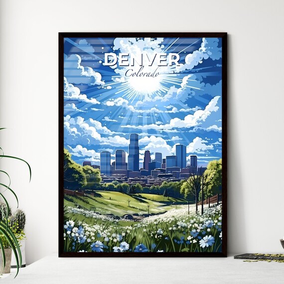 Denver Colorado Skyline Sunny Clouds Wildflower Meadow Cityscape Poster