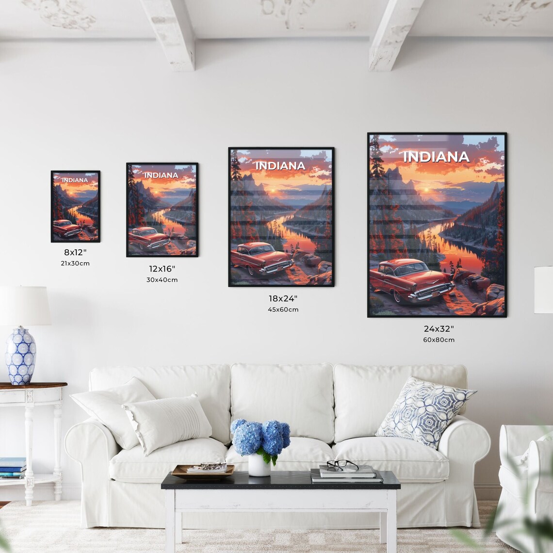 Indiana Vintage Red Car Mountain Lake Sunset Travel Art Poster - Image 3
