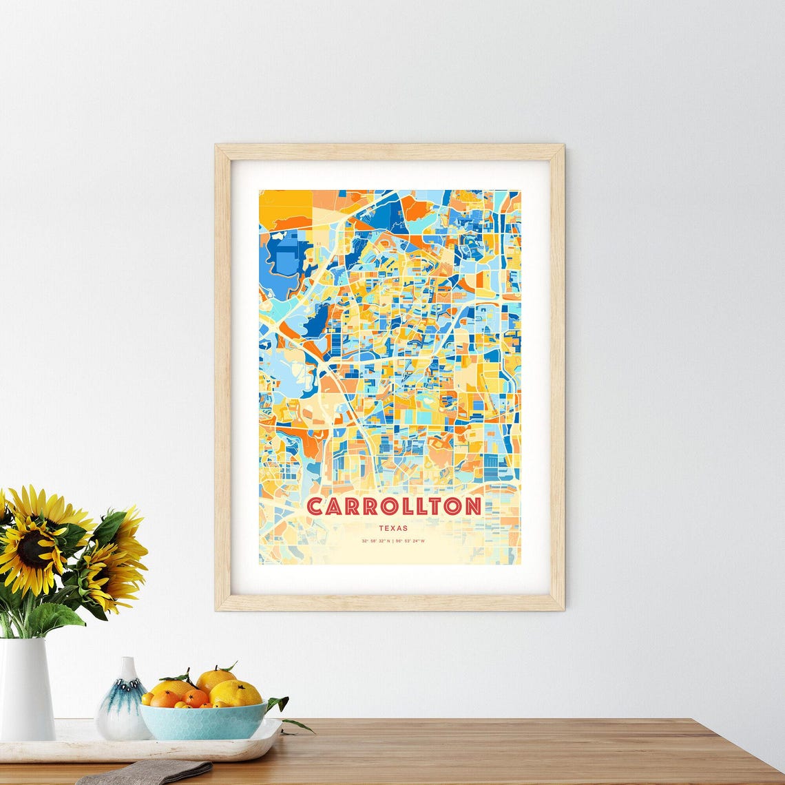 Carrollton Texas Colorful Modern Blue Orange City Map Art Poster - Image 2