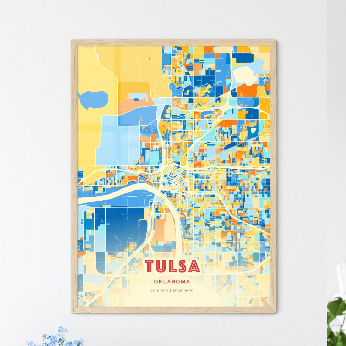 Tulsa Oklahoma Modern Geometric Blue Orange City Map Art Poster