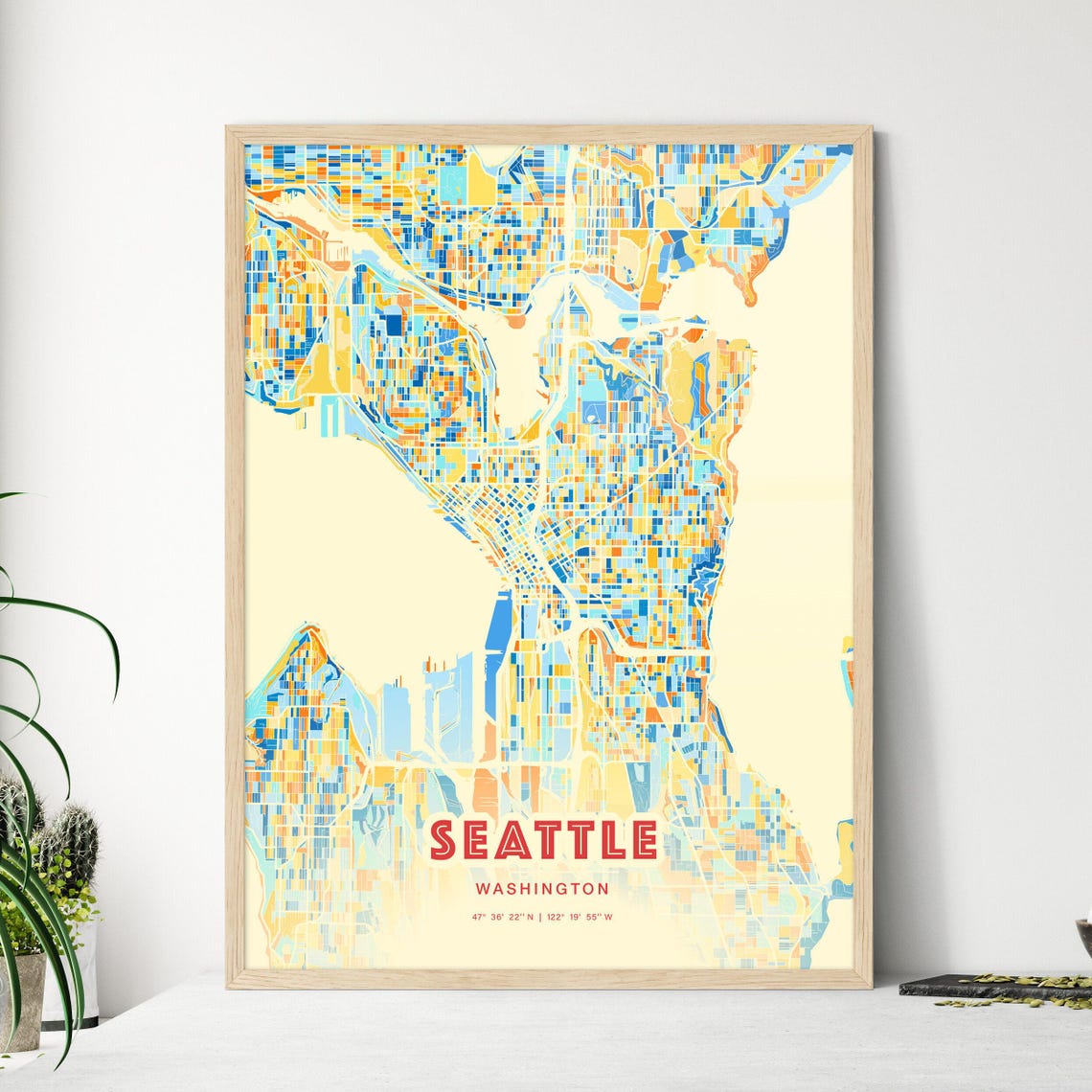 Seattle Washington City Map Art Poster Orange Blue Coordinates