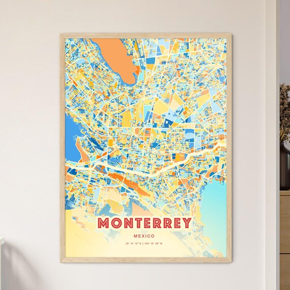 Monterrey Mexico Modern Geometric Blue Orange City Map Art Poster