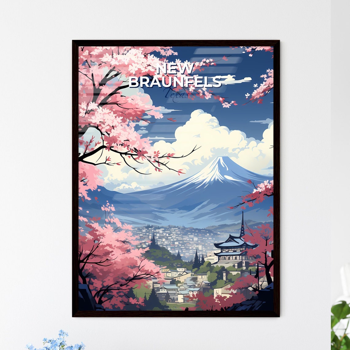 New Braunfels Texas Mountain Temple Cherry Blossom Travel Poster