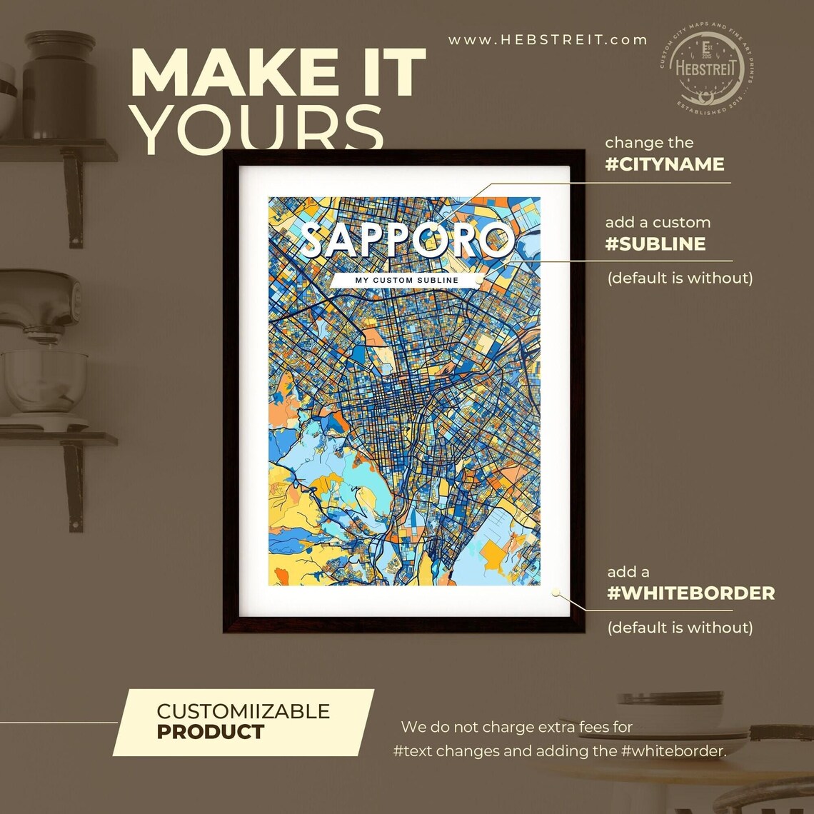 Sapporo Japan Stylish Vibrant Blue and Orange Mosaic City Map Poster - Image 2