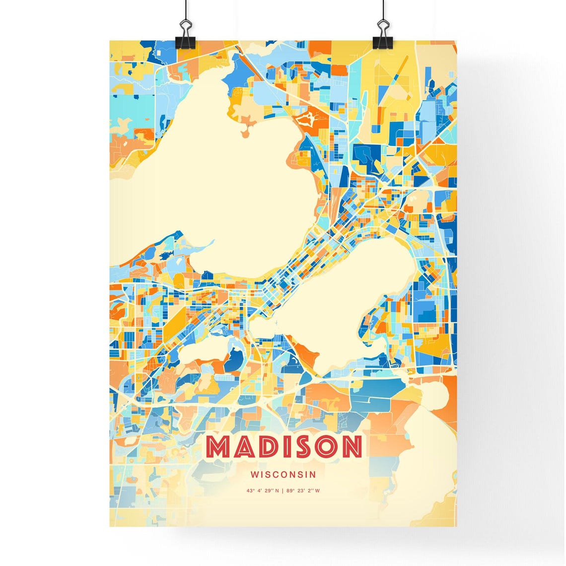 Madison Wisconsin Vibrant Blue and Orange City Map Art Poster - Image 3