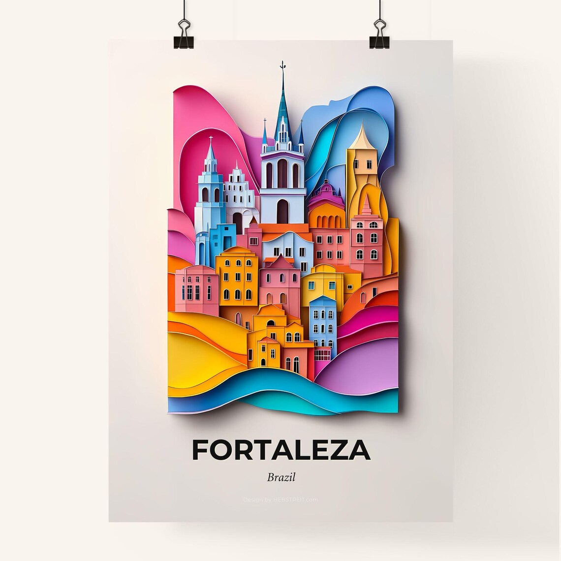 Fortaleza Brazil Colorful Church Towers Paper Cut Travel Poster - Image 4