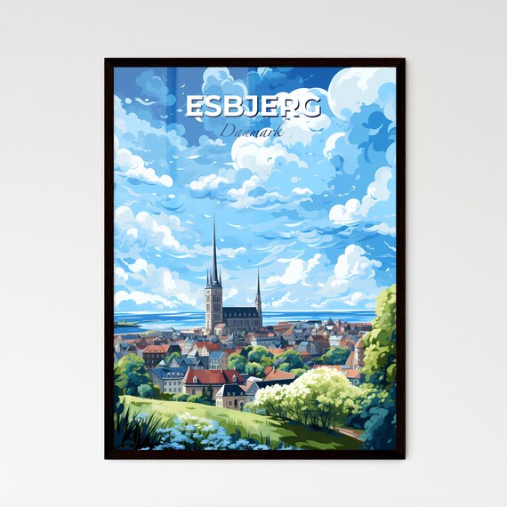 Esbjerg Danmark Church Harbor Coastal Illustrated Travel Poster
