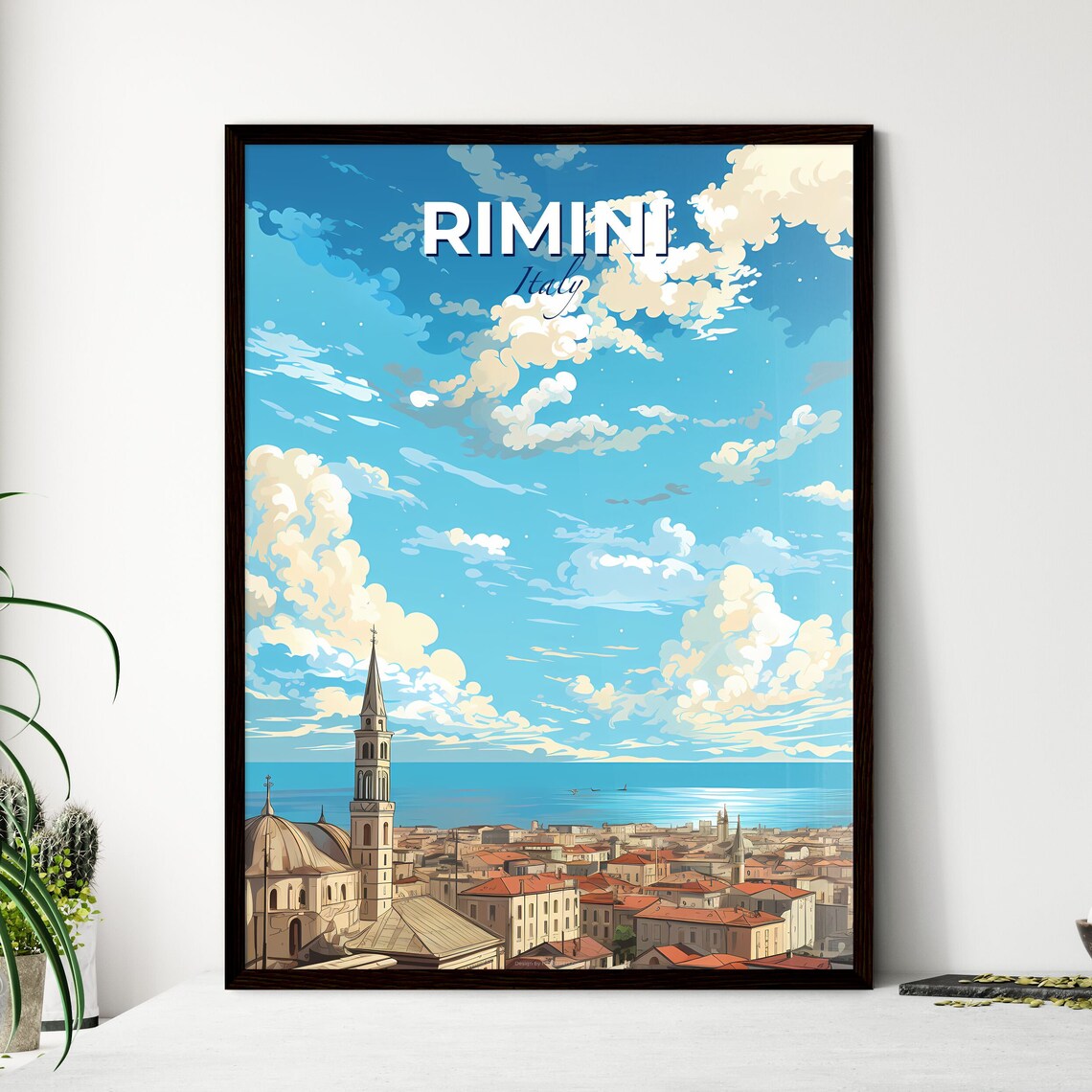 Rimini Italy Coastal Old Town Bell Tower Sea View Travel Poster