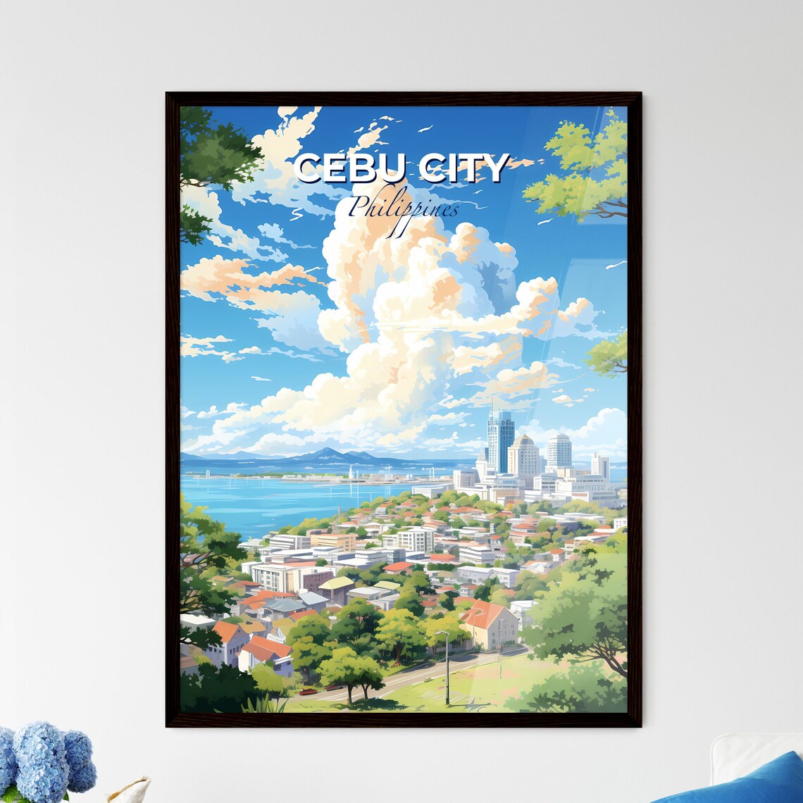 Cebu City Philippines Tropical Bay Skyline Clouds Travel Poster