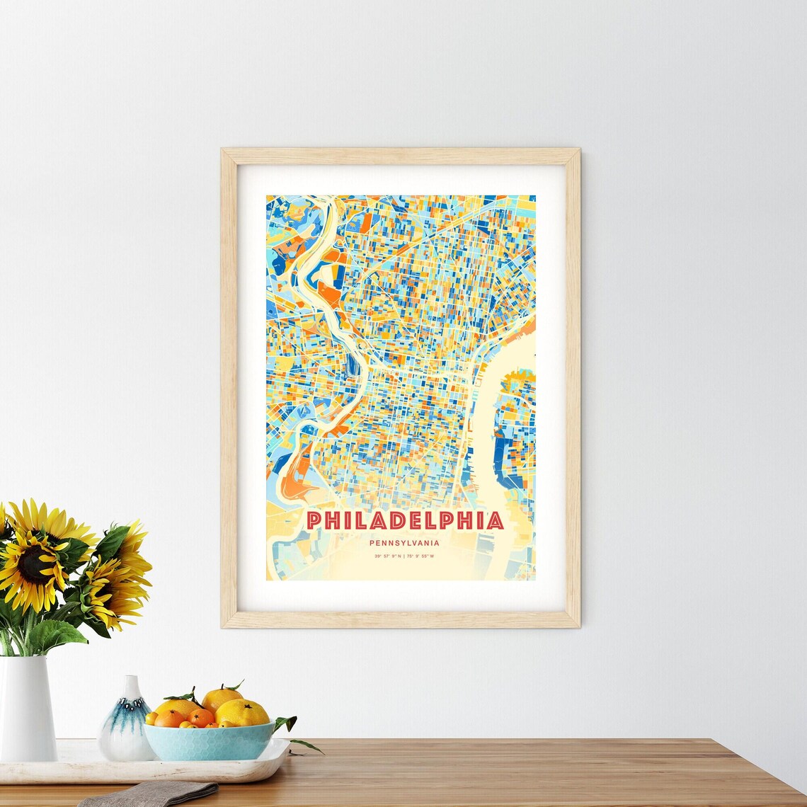 Philadelphia Pennsylvania Blue and Orange City Map Art Poster - Image 2