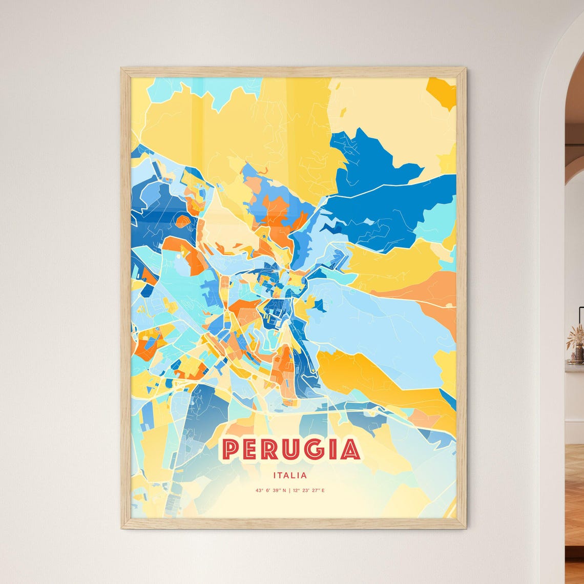 Perugia Italy Colorful Umbrian Hill Town Map Coordinates Poster