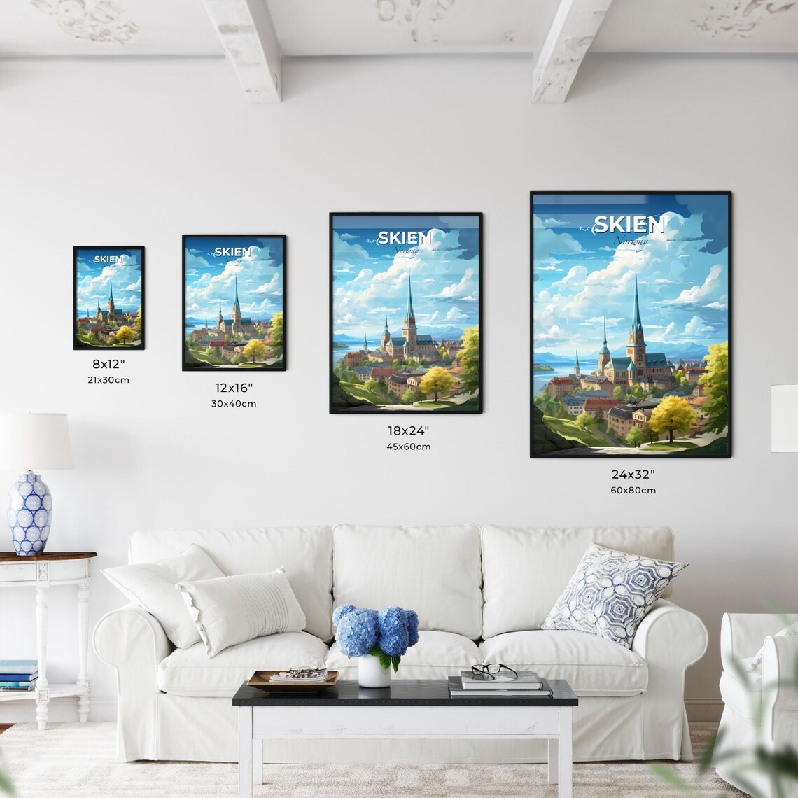 Skien Norway Church Spire Illustrated Scenic Vintage Travel Poster - Image 3