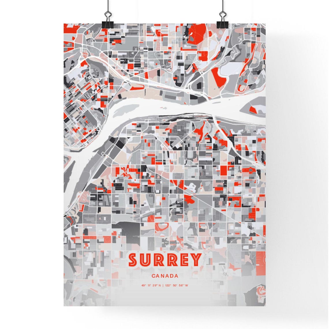Surrey Canada Modern Red Gray Expressive City Map Poster Customizable - Image 3