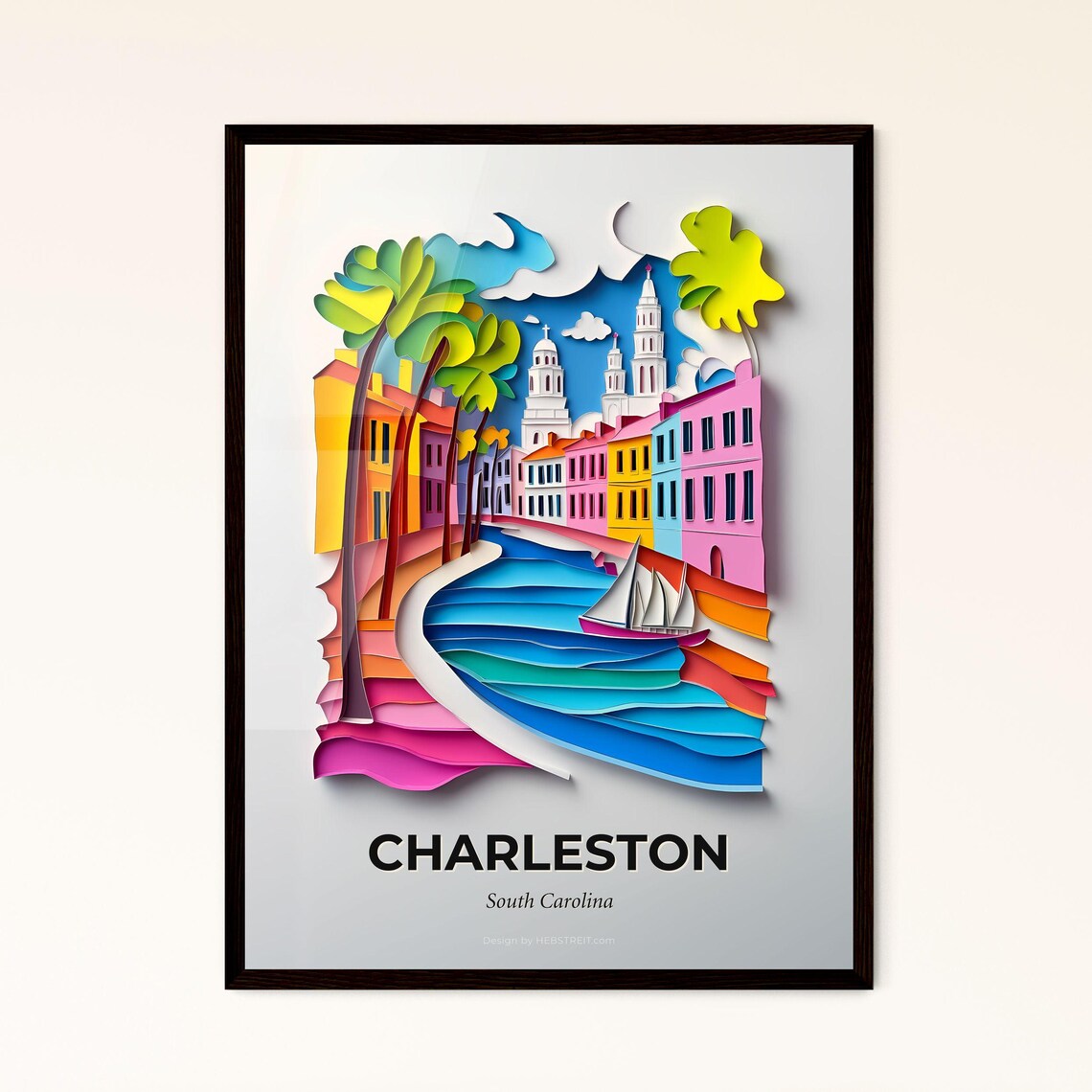 Charleston South Carolina Colorful Paper Cut Sailboat Poster