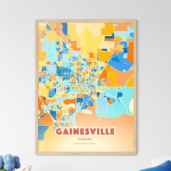 Gainesville Florida Vibrant Blue and Orange City Map Art Poster
