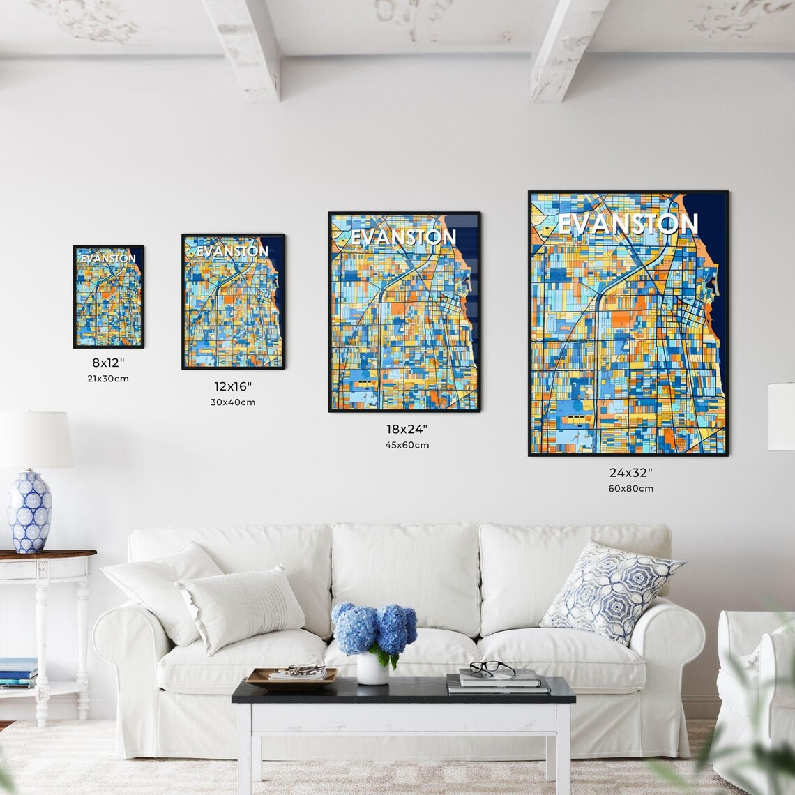 Evanston Illinois City Map Art Print Deep Navy Blue And Orange Street Grid - Image 3