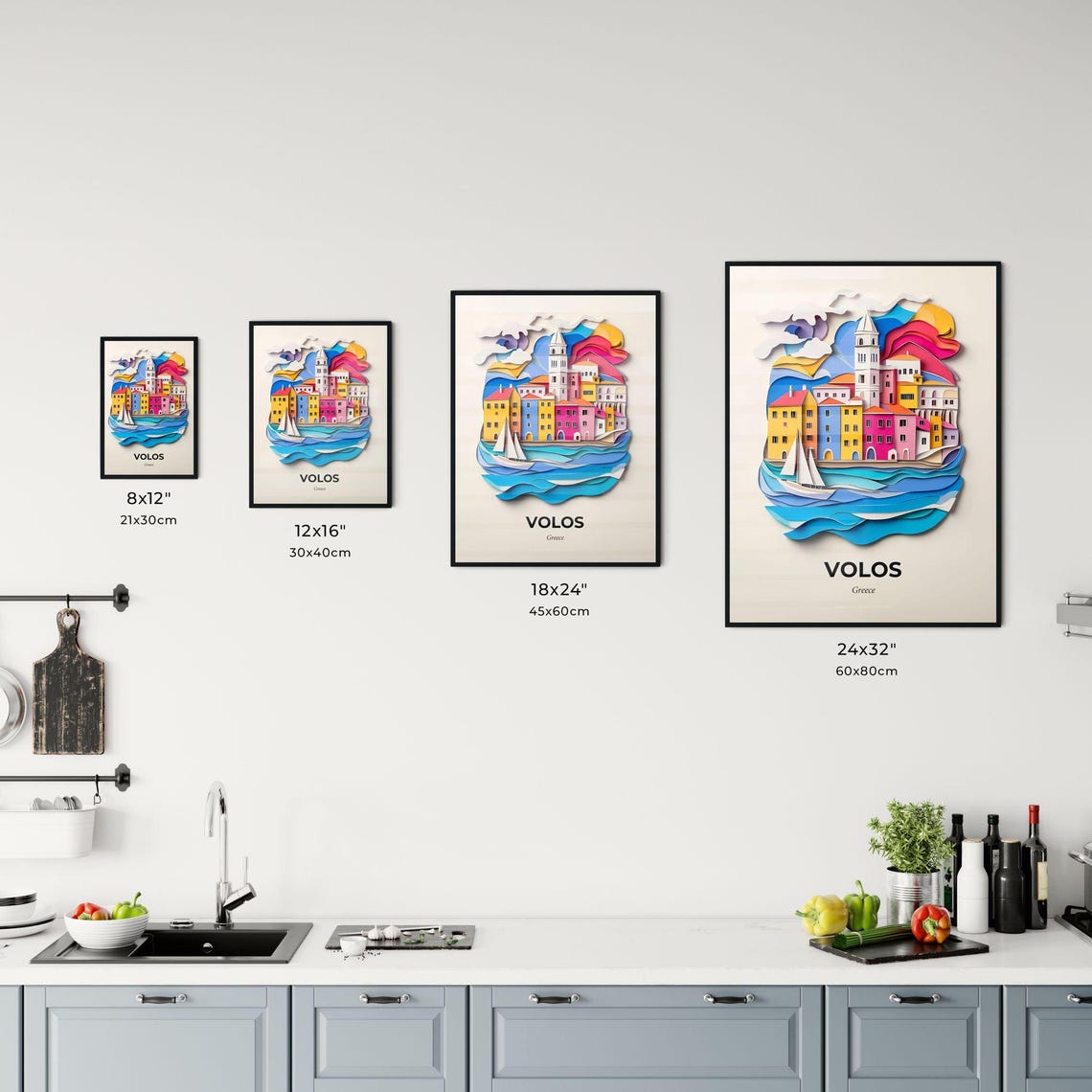 Volos Greece Vibrant Paper Cut Harbor Cityscape Decor Poster - Image 3