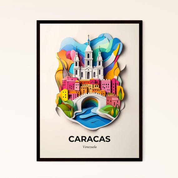 Vivid Caracas Venezuela A Paper Cut Of A City With A Bridge Fine Art Print Customizable