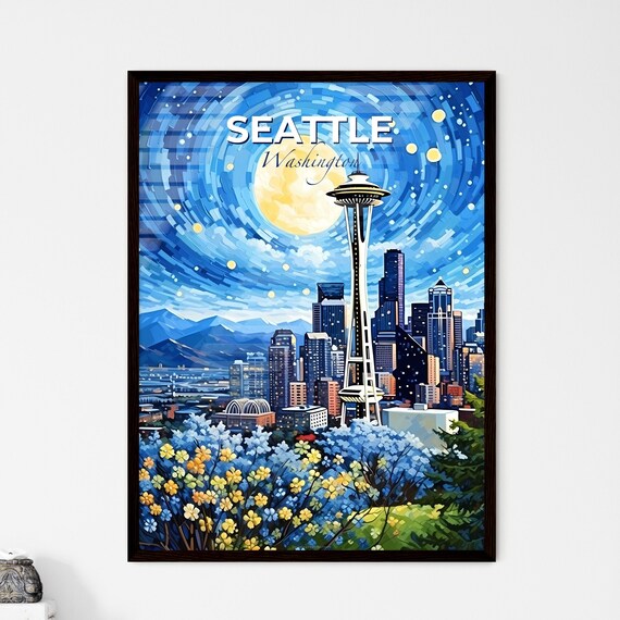 Seattle Washington Space Needle Starry Night Vintage Travel Poster
