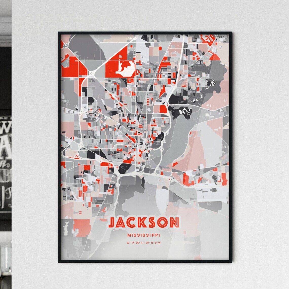 Jackson Mississippi Modern Red Expressive City Map Poster with Coordinates