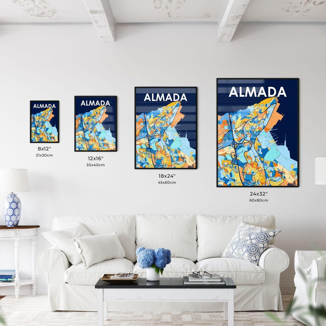 Almada Portugal Blue Orange Coastal City Map Art Poster for Walls - Image 3