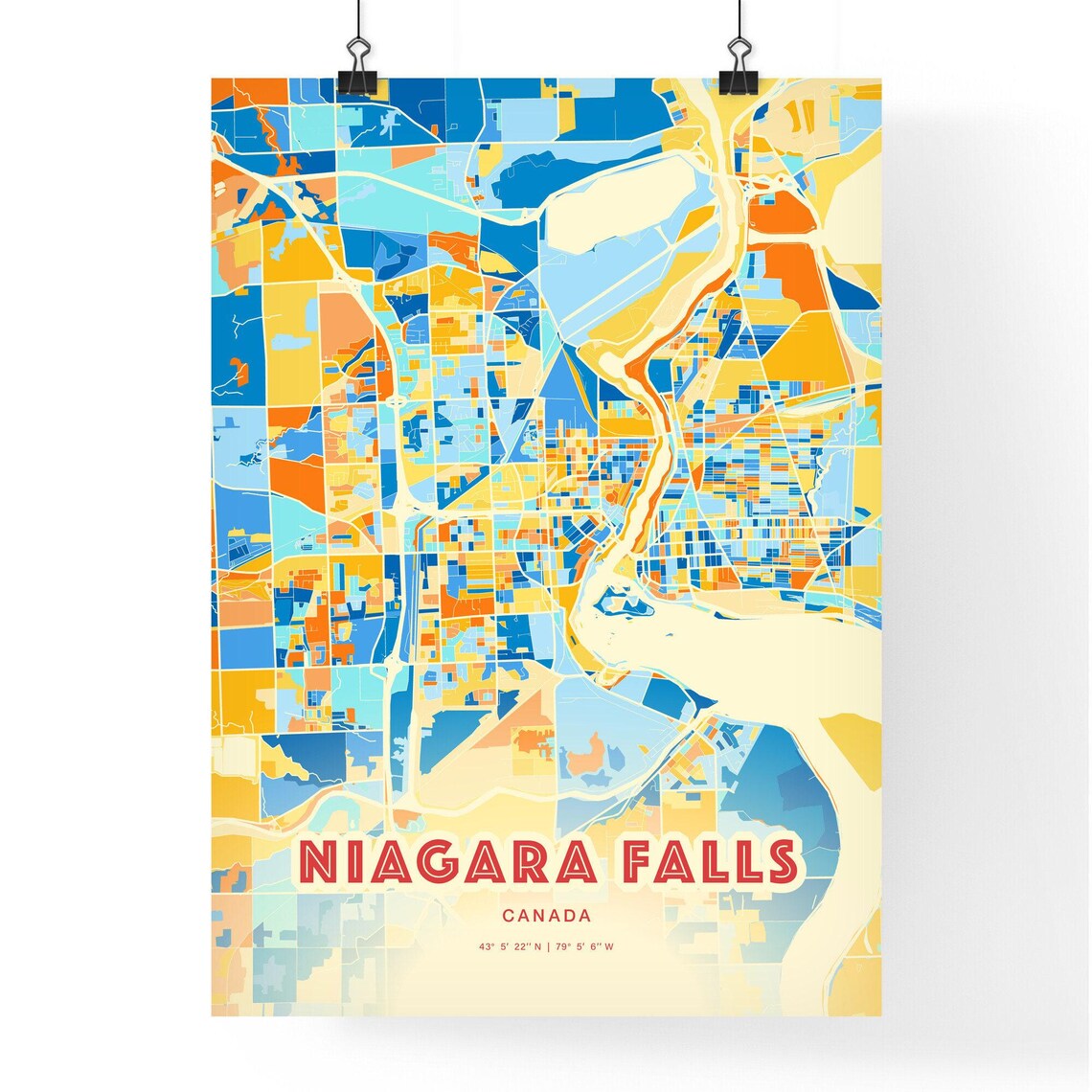 Niagara Falls Canada Colorful Blue and Orange Retro City Street Map Wall Art